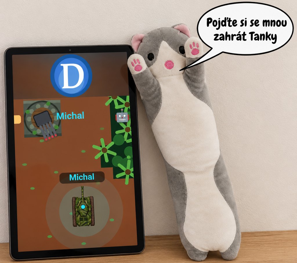Plyšový Červokoč s tabletem, na kterém běží hra Tanky: Pojďte si se mnou zahrát Tanky